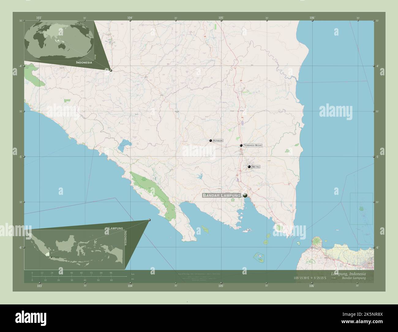 Lampung, province of Indonesia. Open Street Map. Locations and names of major cities of the region. Corner auxiliary location maps Stock Photo