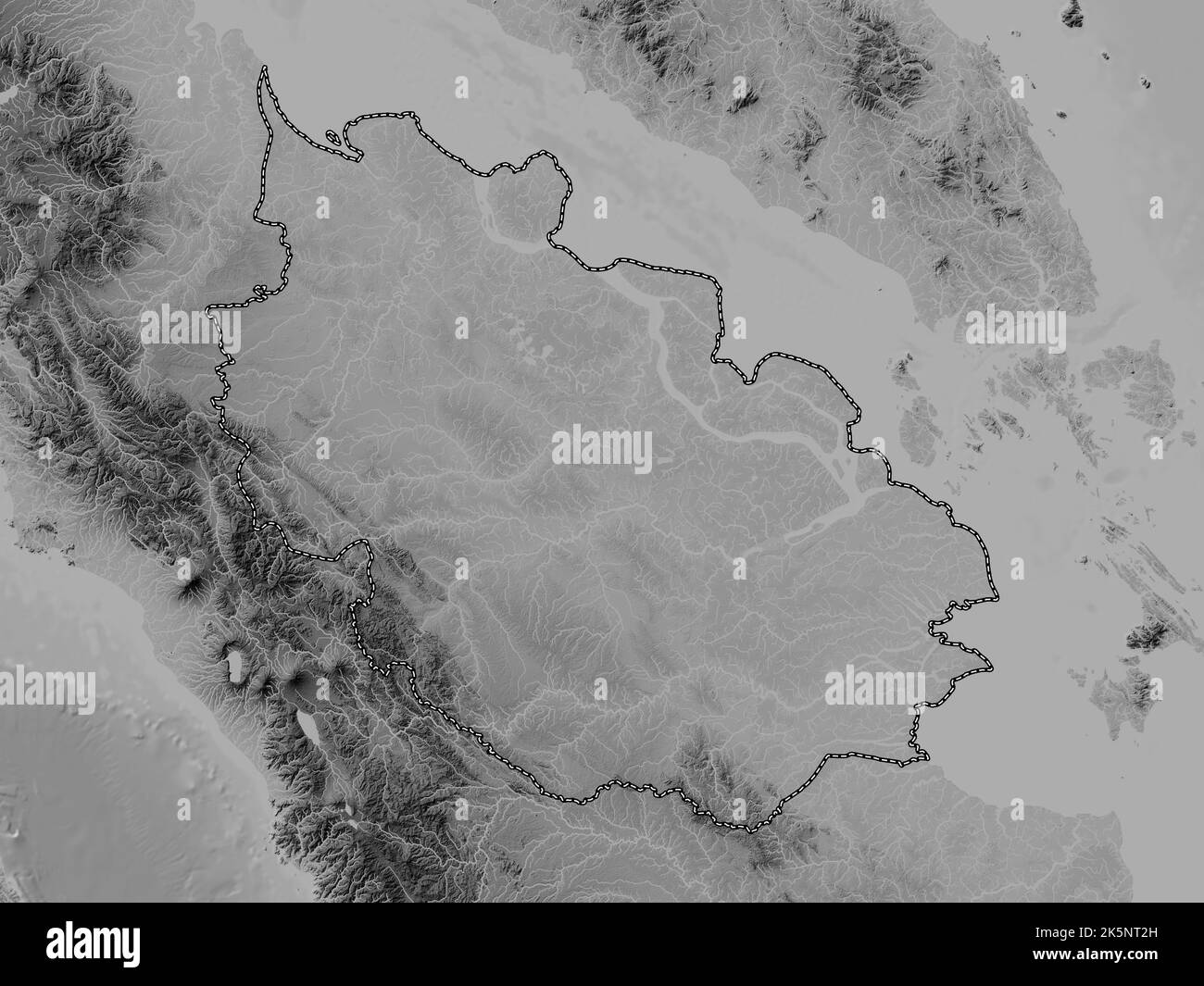 Riau, province of Indonesia. Grayscale elevation map with lakes and rivers Stock Photo