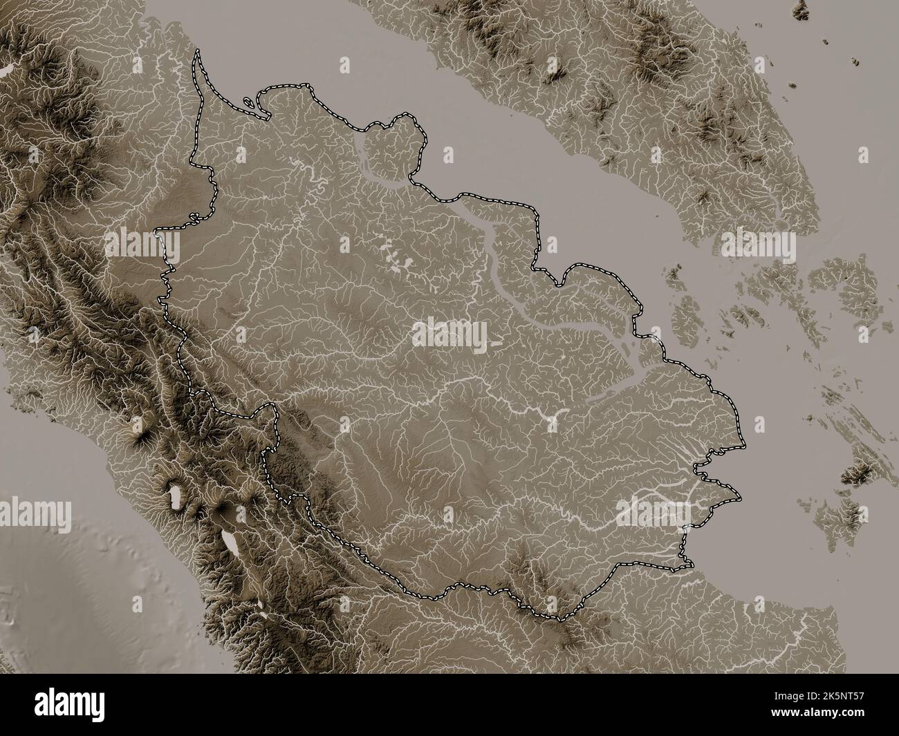 Riau, province of Indonesia. Elevation map colored in sepia tones with lakes and rivers Stock Photo