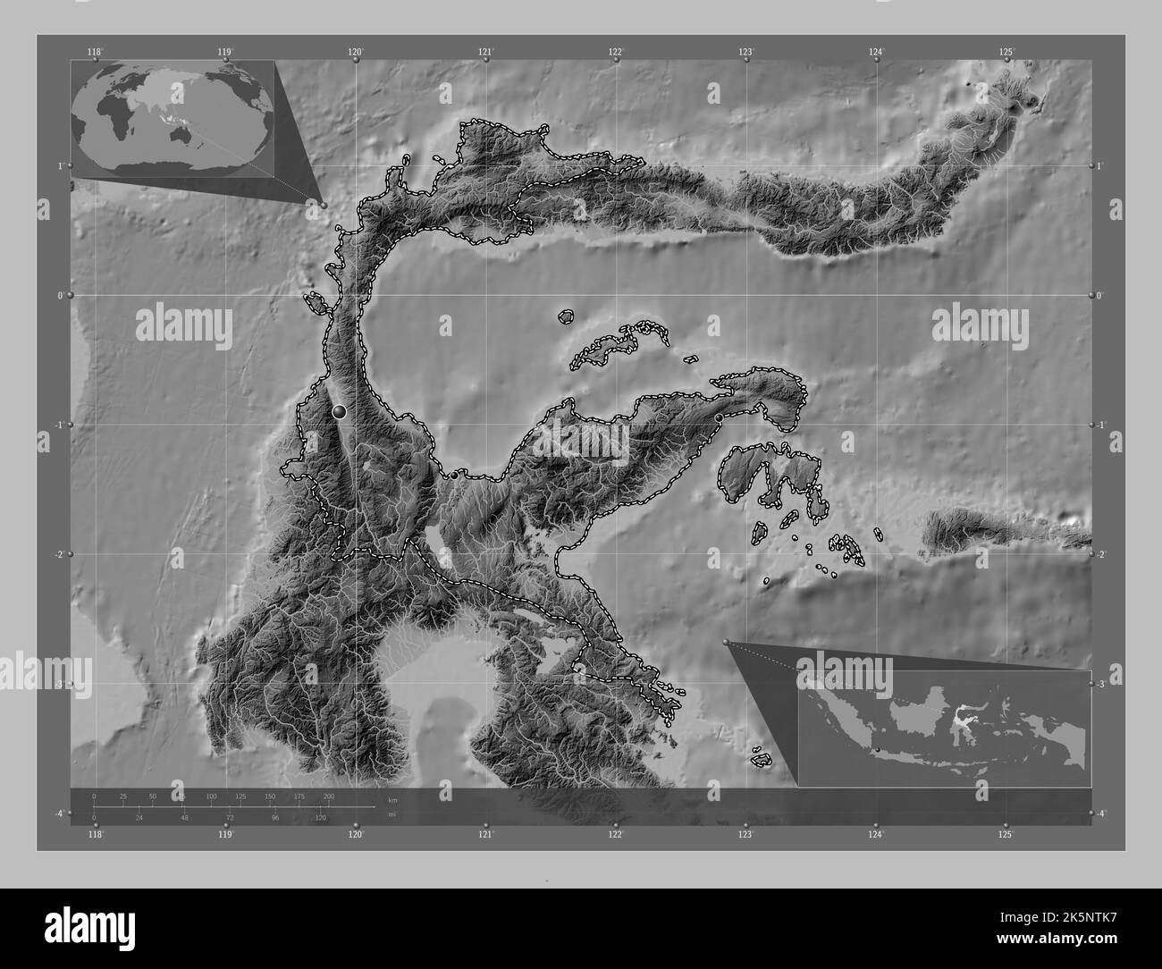 Sulawesi Tengah, province of Indonesia. Grayscale elevation map with ...