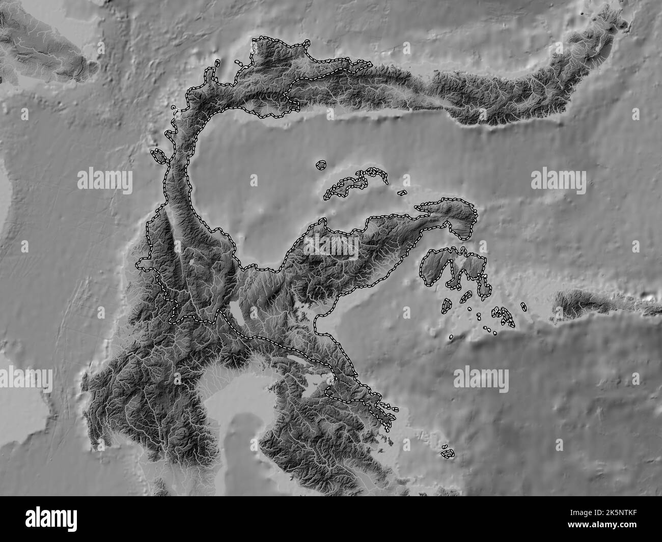 Sulawesi Tengah, province of Indonesia. Grayscale elevation map with lakes and rivers Stock Photo