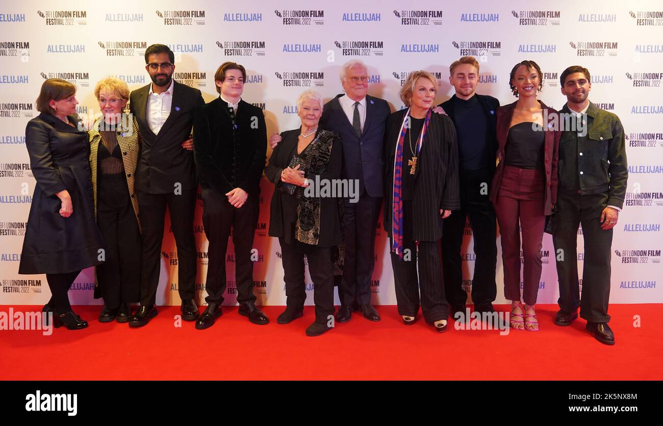 Cast and crew (left to right) screenwriter Heidi Thomas, Lorraine Ashbourne, Bally Gill, Louis Serkis-Ashbourne, Dame Judi Dench, director Richard Eyre, Jennifer Saunders, Ross Tomlinson and Jesse Akele attending the European premiere of Allelujah during the BFI London Film Festival 2022 at the Royal Festival Hall, Southbank Centre, London. Picture date: Sunday October 9, 2022. Stock Photo