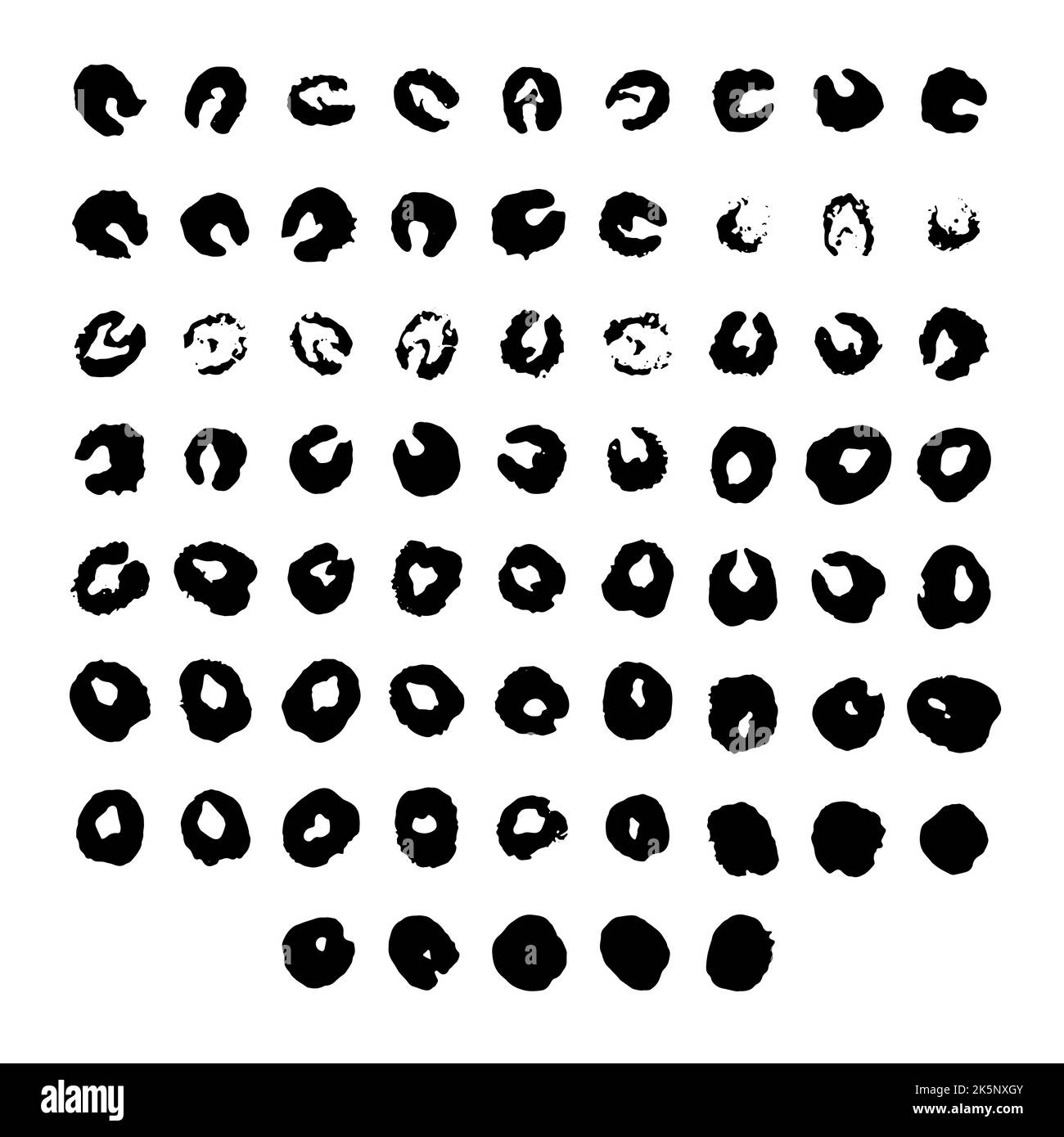 Abstract ink prints collection. Set of formless imprints, stains, splashes and spots. Black inky blots similar to viruses or bacteria. Pack of round s Stock Vector