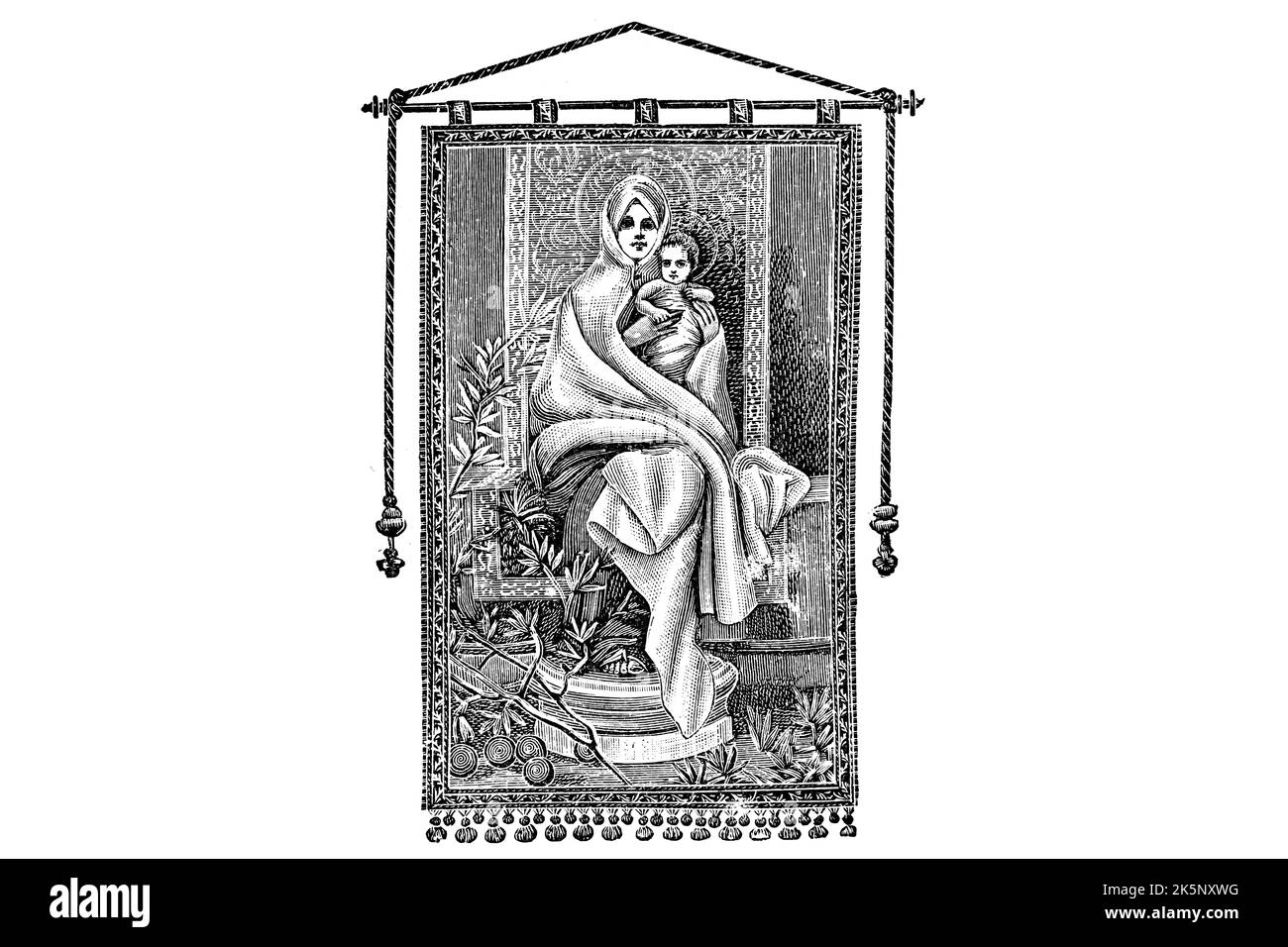 Sacred Tapestry of Our Lady of Olives – 1910s Vintage illustration Stock Photo
