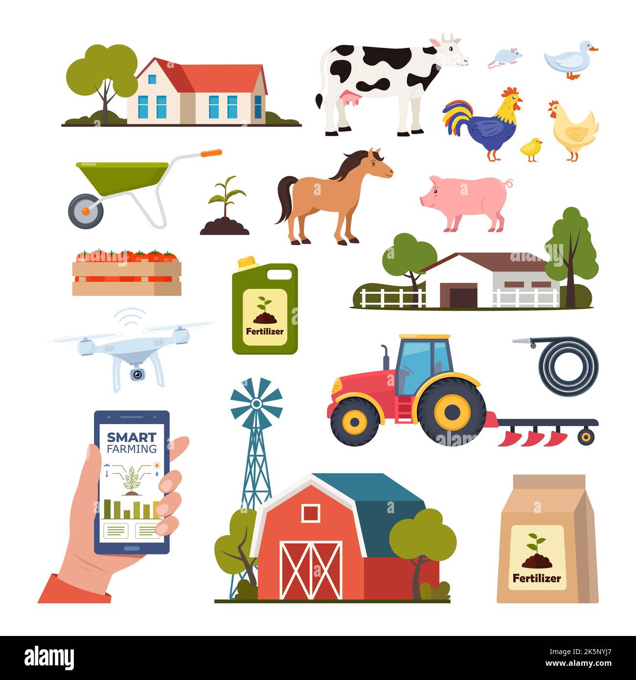 Farm elements. Farm buildings, domestic animals, transport, inventory. Scenes and elements on farm theme. Smartphone with app for control plants growi Stock Vector