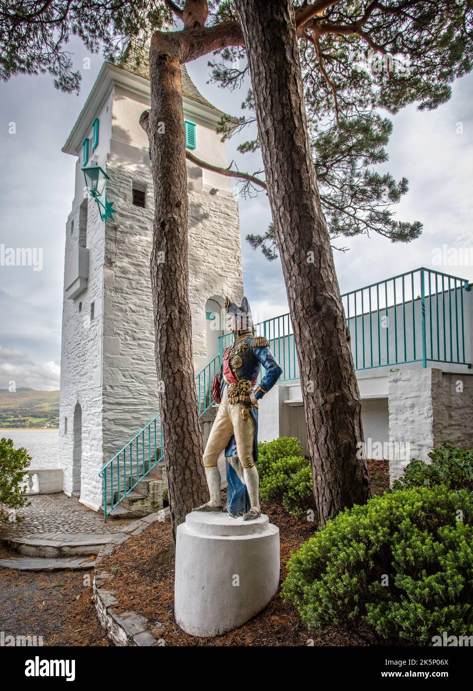 Statue of Lord Nelson in Portmeirion - Italianate style tourist village designed by Sir Clough Williams-Ellis, in Gwynedd, North Wales on 3 October 20 Stock Photo