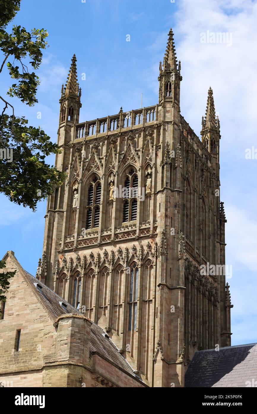 The central tower of Worcester Cathedral n the perpendicular style, completed in 1374 and refinished in the Victorian era Stock Photo