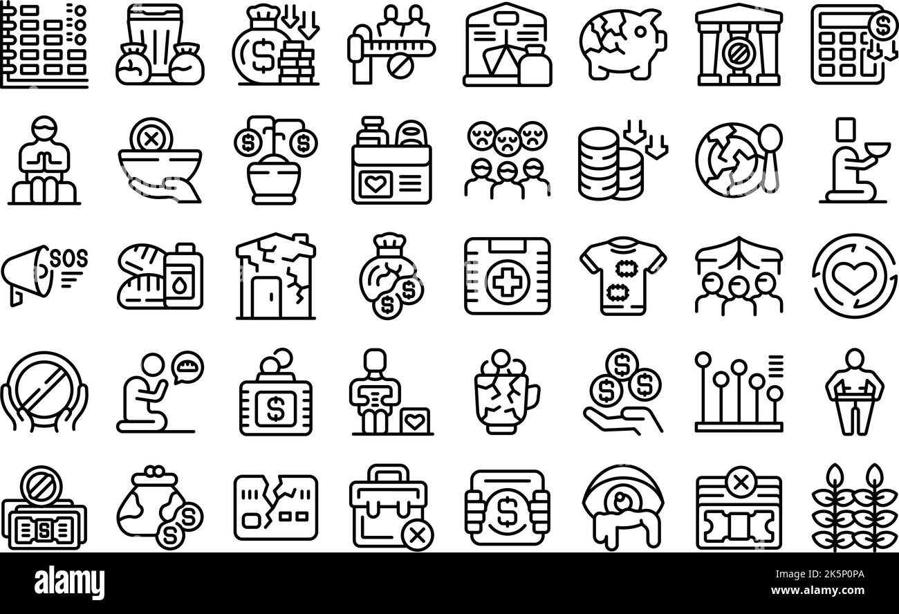 Poverty icons set outline vector. Volunteer charity. Donate help Stock Vector