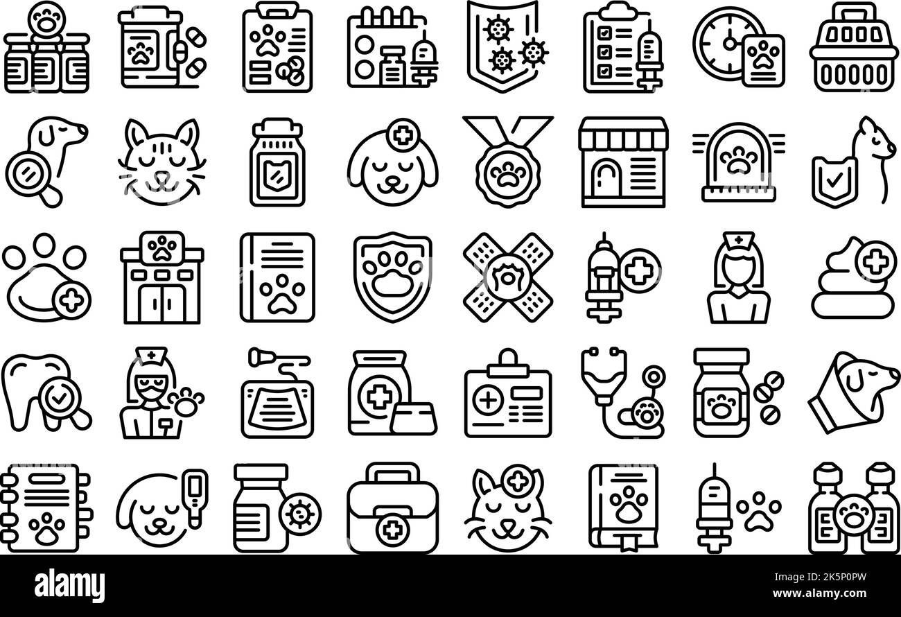 Pets vaccination icons set outline vector. Dog pet. Animal cat Stock