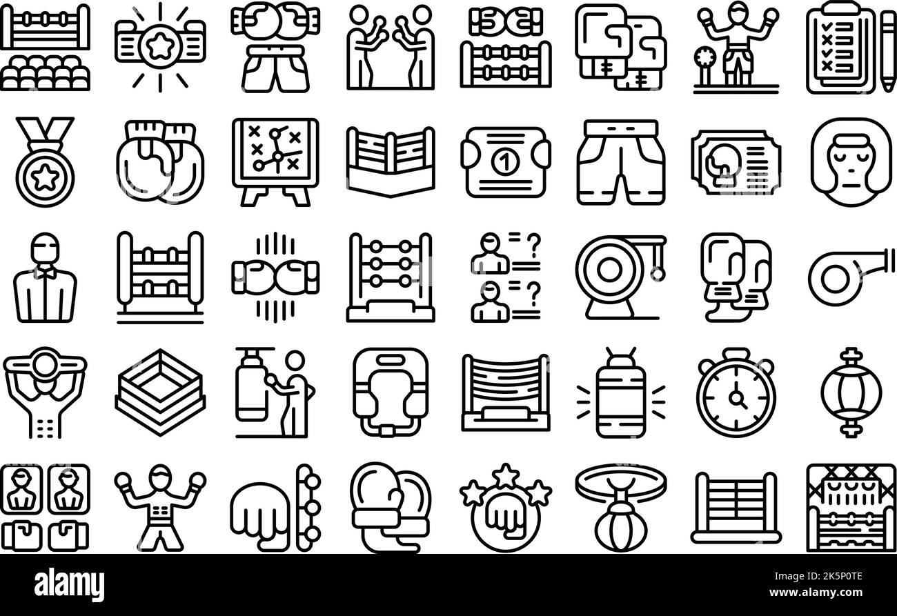 Boxing tournament icons set outline vector. Battle academy. Agression ...