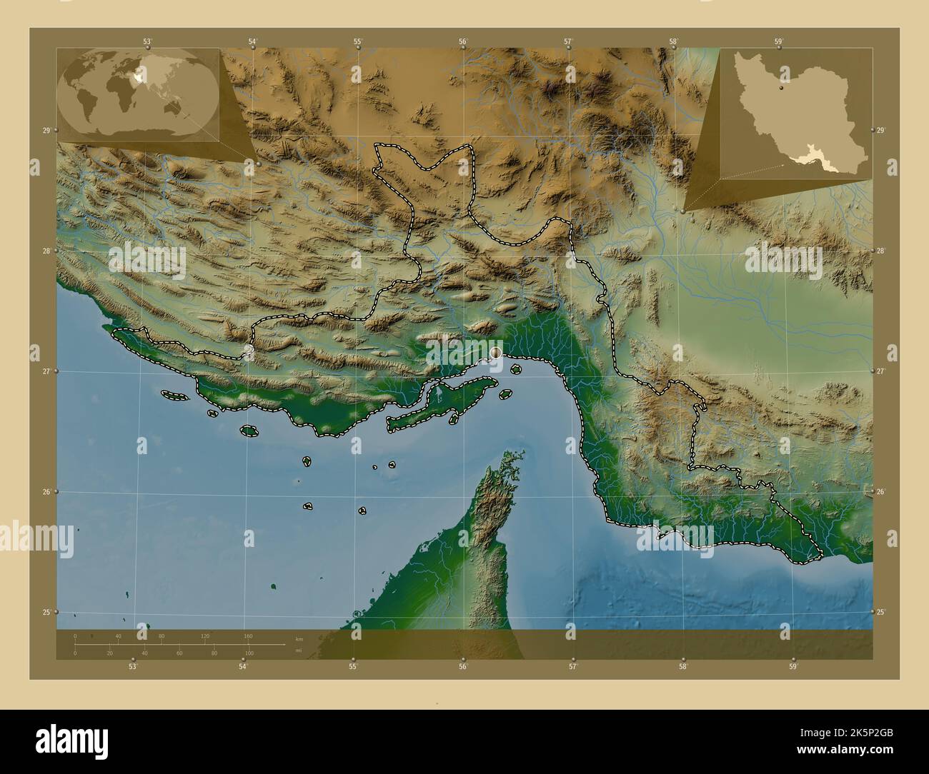 Hormozgan, province of Iran. Colored elevation map with lakes and ...