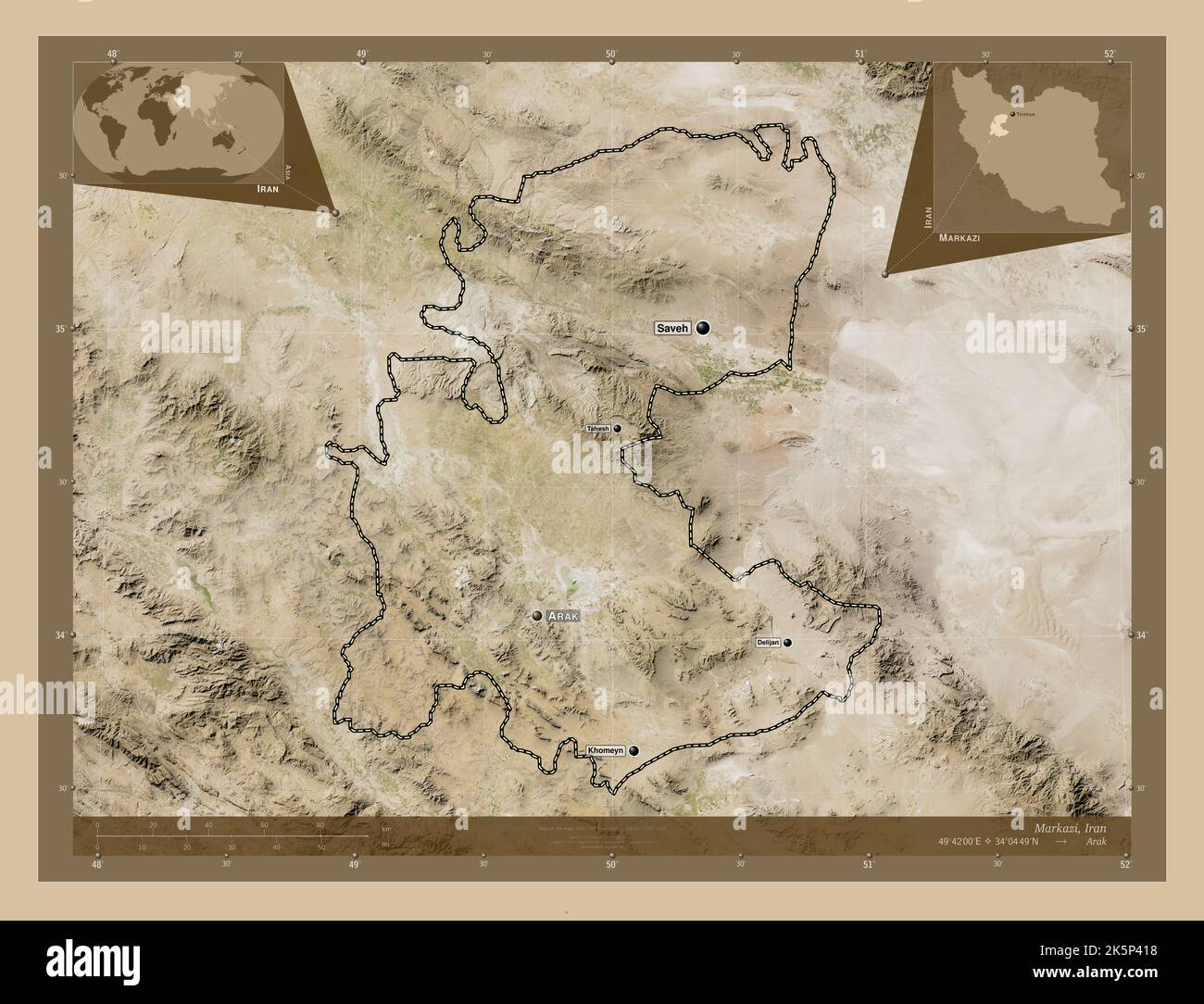 Markazi province of Iran. Low resolution satellite map. Locations