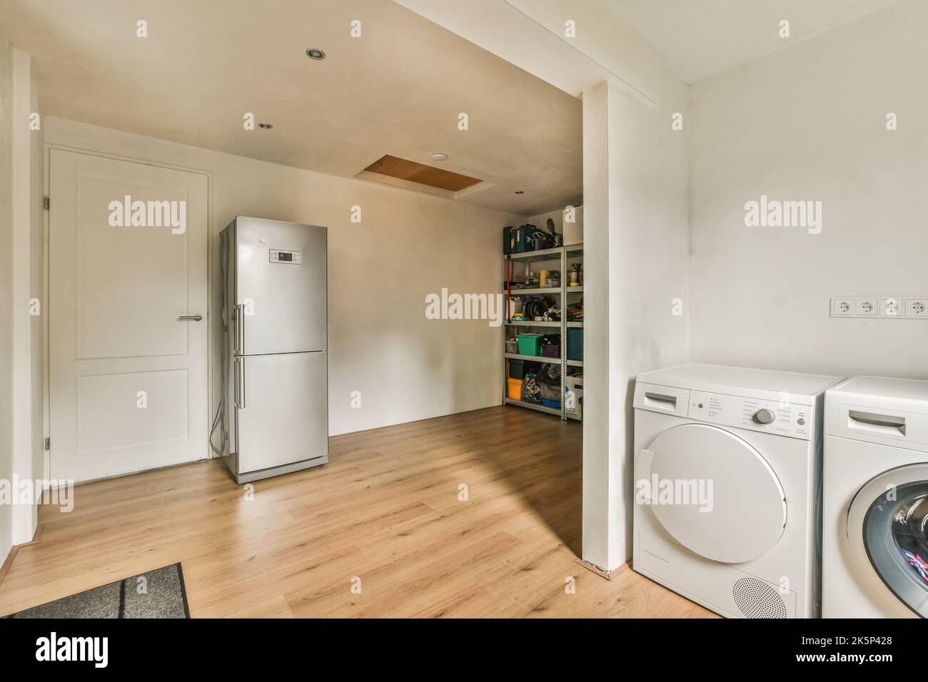 Modern cupboard, washing machine and Fridge near doors in spacious room