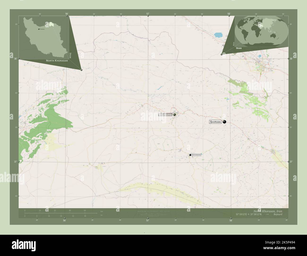 North Khorasan, province of Iran. Open Street Map. Locations and names of major cities of the region. Corner auxiliary location maps Stock Photo