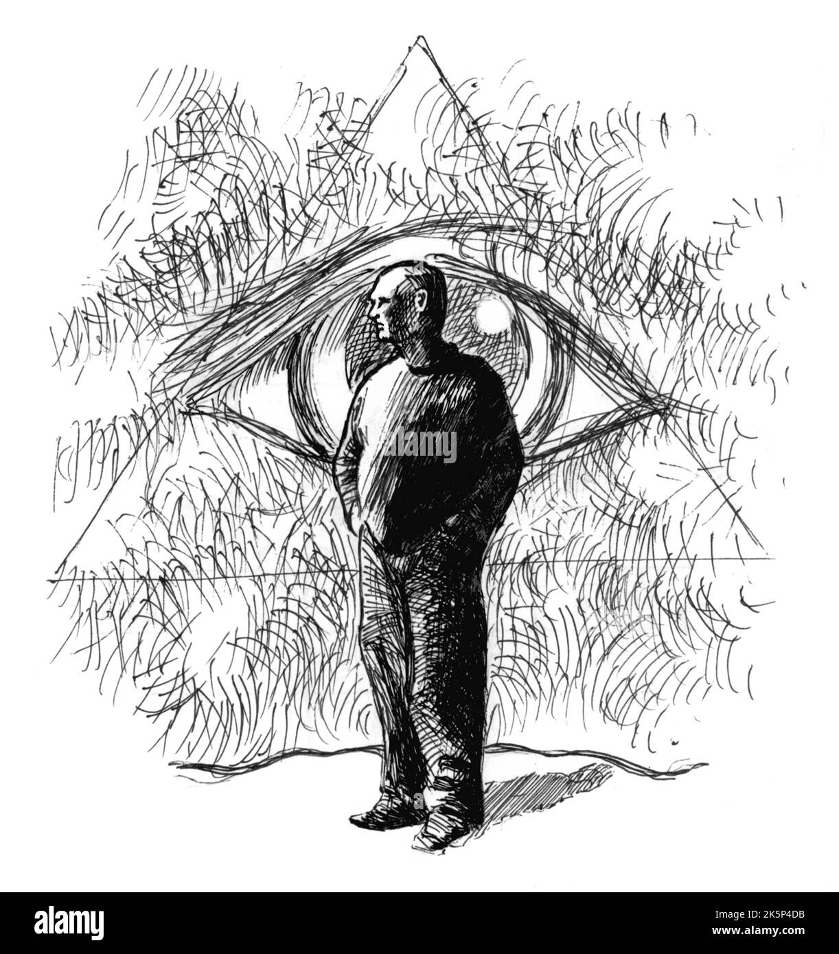 The figure of a man against the eye of providence - pen drawing, black and white illustration. Stock Photo