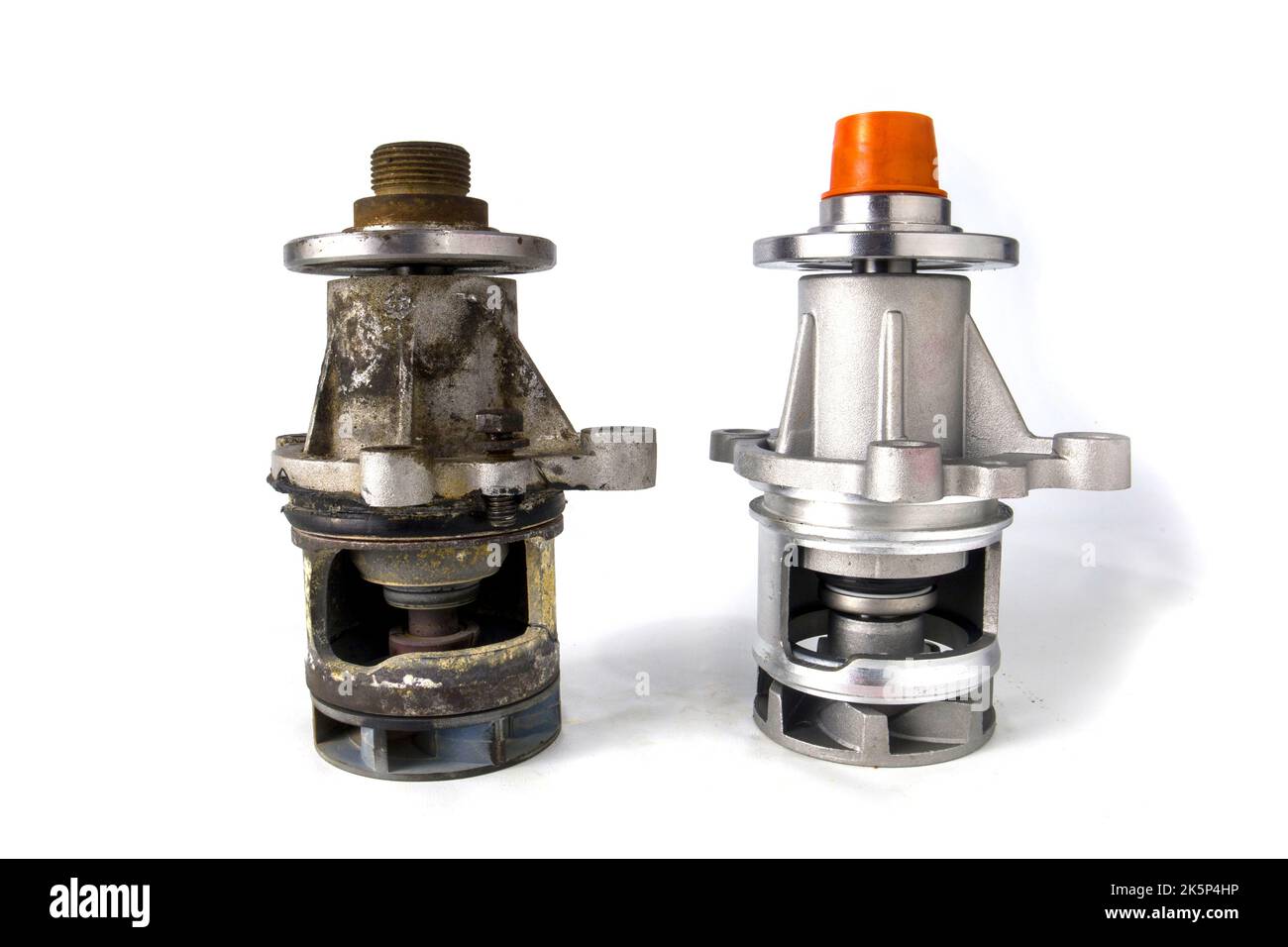 Car water pump isolated on white. car spare parts. New and broken Stock