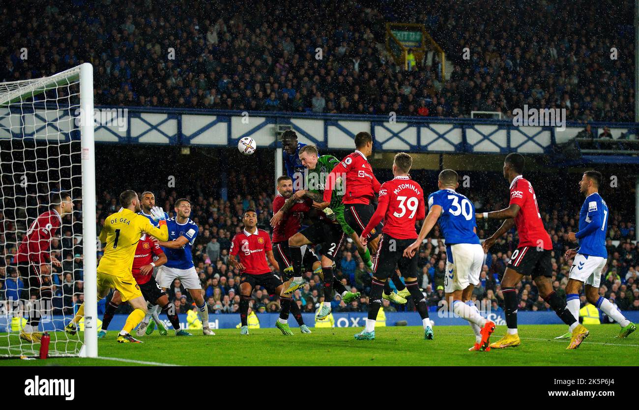 Everton goalkeeper Jordan Pickford jumps for the ball as he comes up