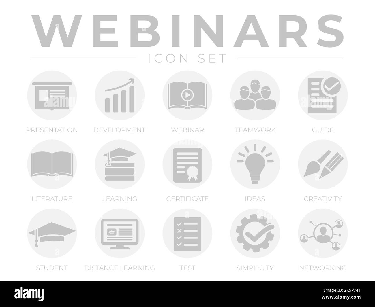 Light Gray Webinar Icon Set. Presentation, Development, Webinars, Networking, Teamwork, Guide, Literature, Learning, Certificate, Ideas, Creativity, D Stock Vector