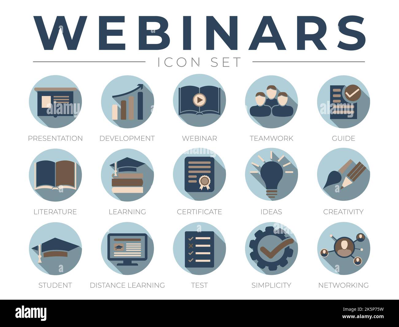 Masculine Webinar Icon Set for Man. Presentation, Development, Webinars, Networking, Teamwork, Guide, Literature, Learning, Certificate, Ideas Stock Vector
