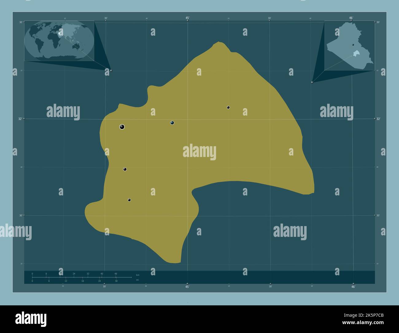 AlQadisiyah, province of Iraq. Solid color shape. Locations of major