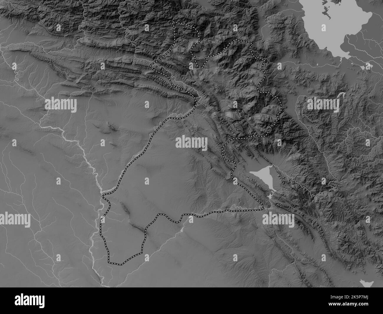 Arbil, province of Iraq. Grayscale elevation map with lakes and rivers Stock Photo