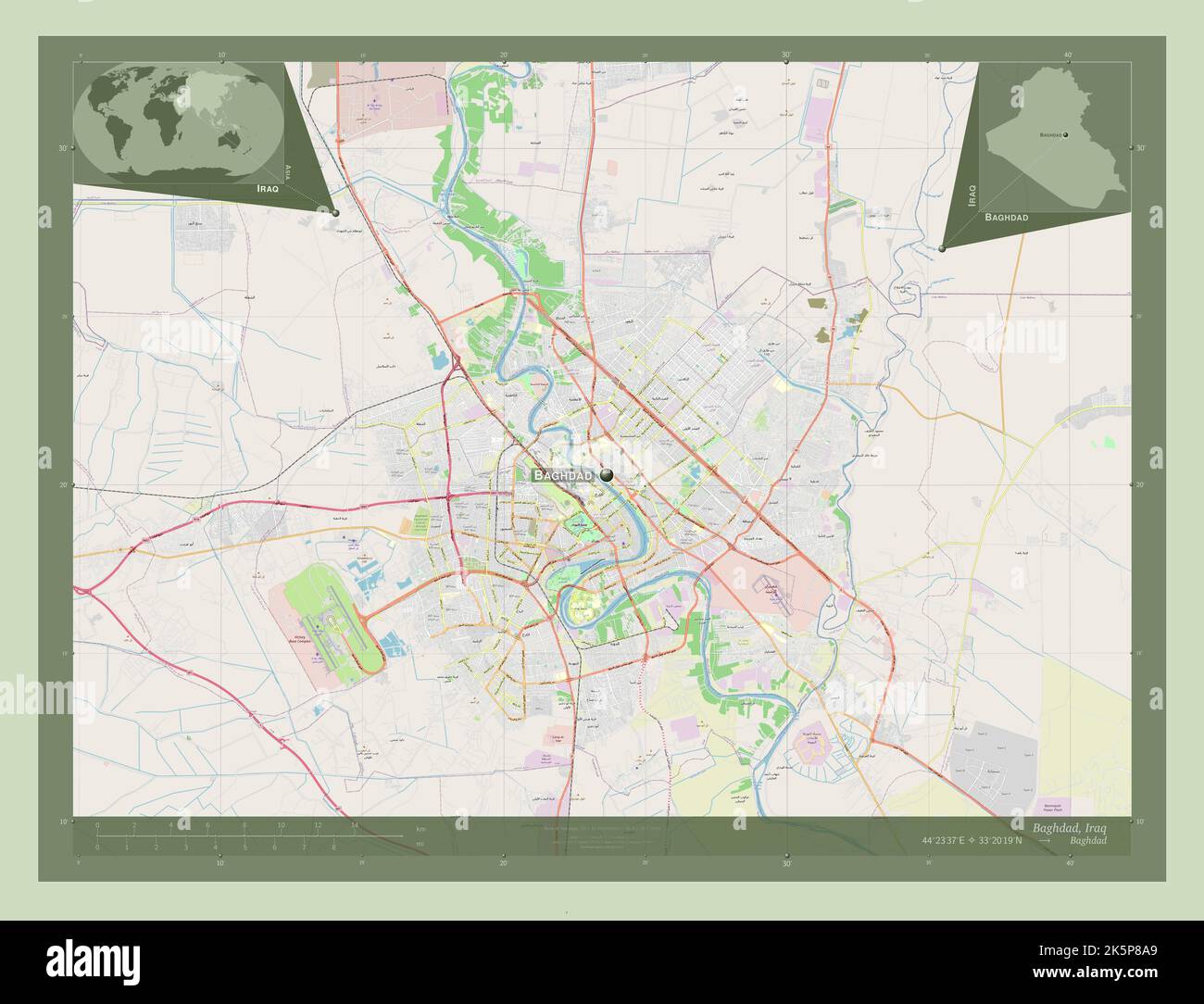 Baghdad, province of Iraq. Open Street Map. Locations and names of