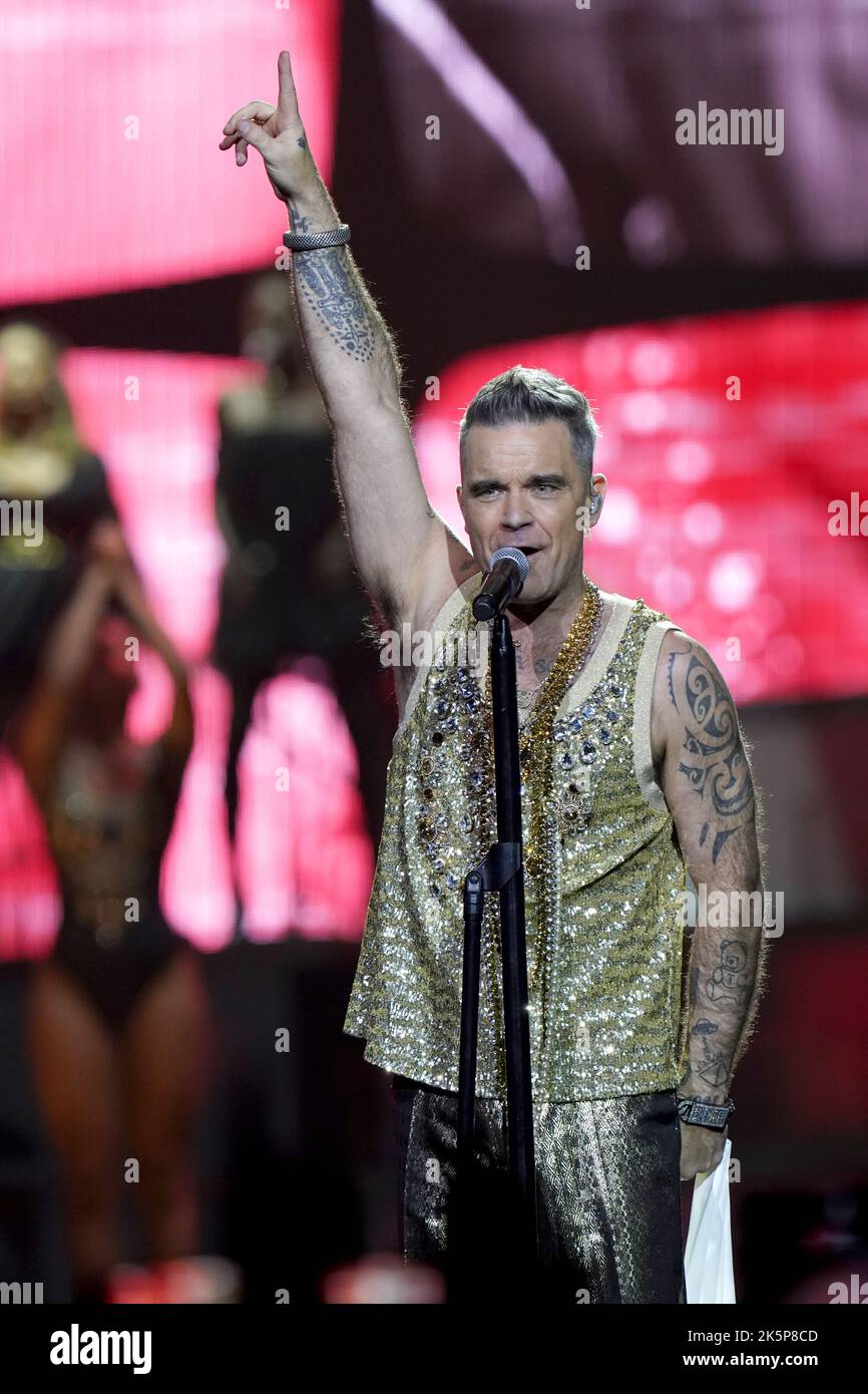 EDITORIAL USE ONLY. Not for use after November 5, 2022 Robbie Williams  performs on the opening night of his XXV tour across UK and Ireland, which  marks his 25 years as a