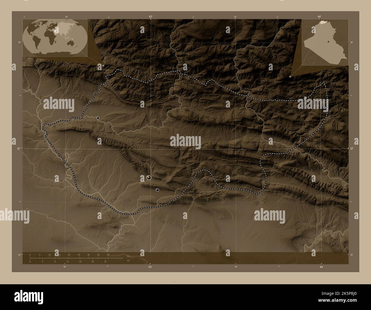 Dihok, province of Iraq. Elevation map colored in sepia tones with ...