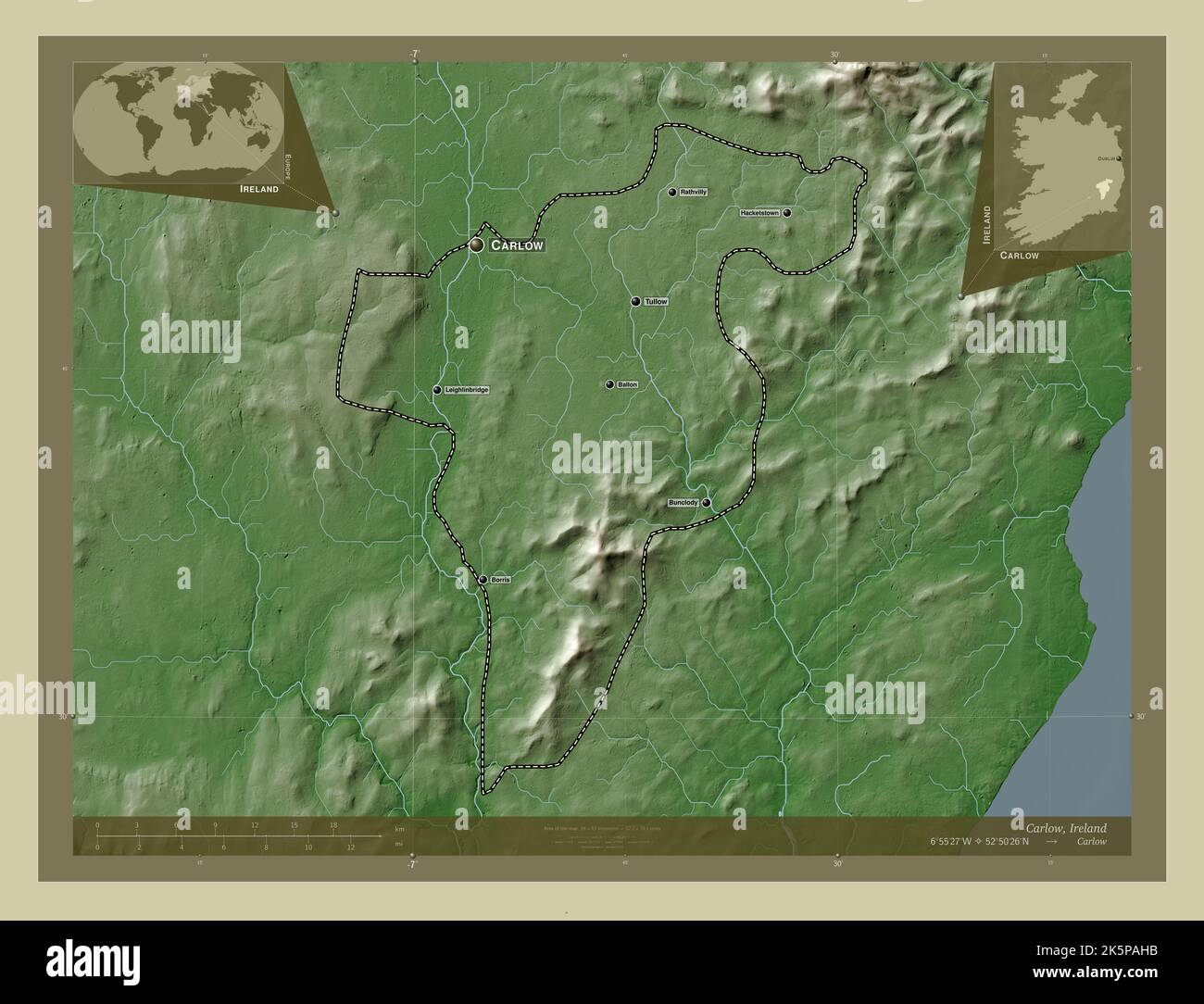 Carlow, county of Ireland. Elevation map colored in wiki style with