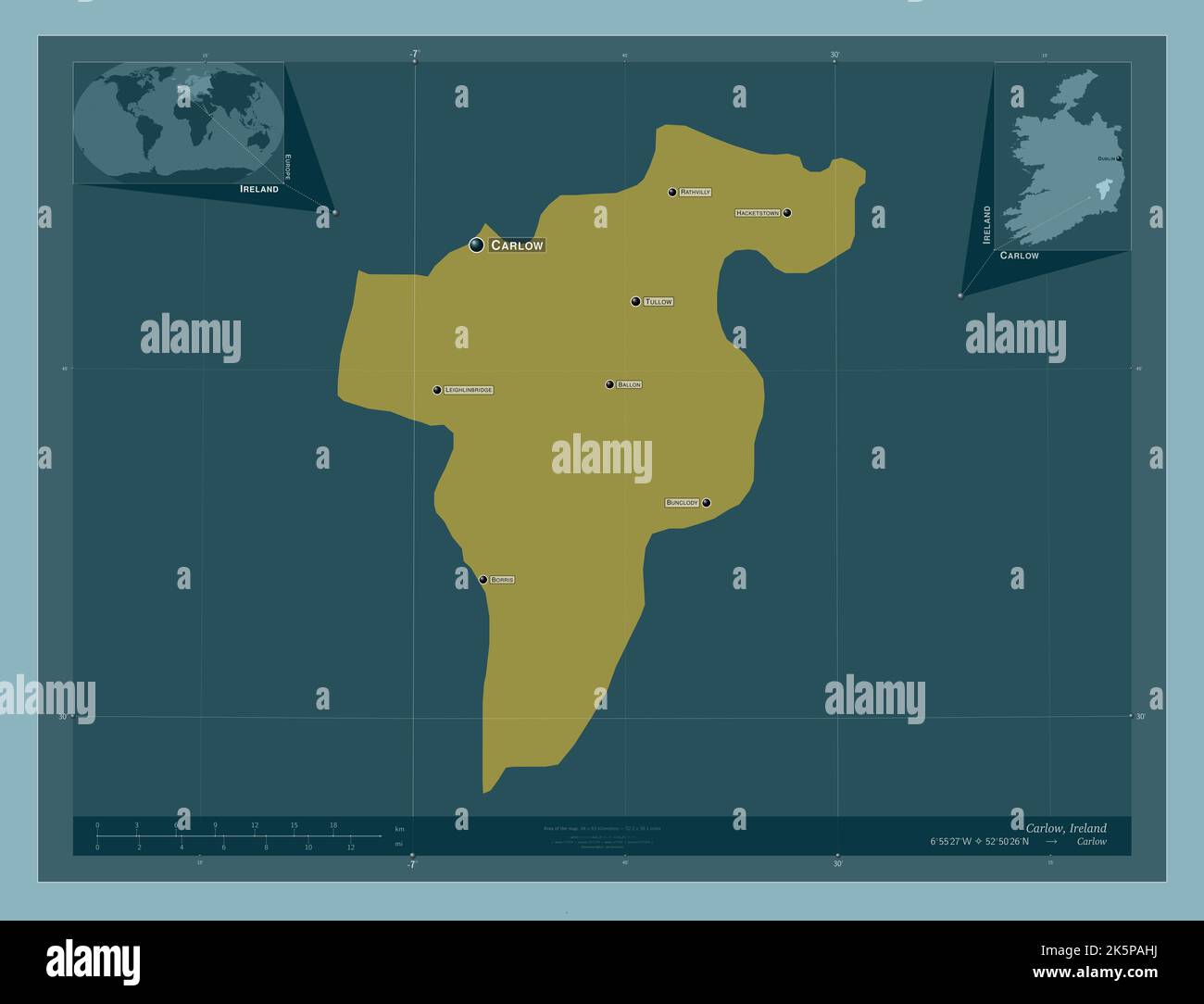 Carlow, county of Ireland. Solid color shape. Locations and names of