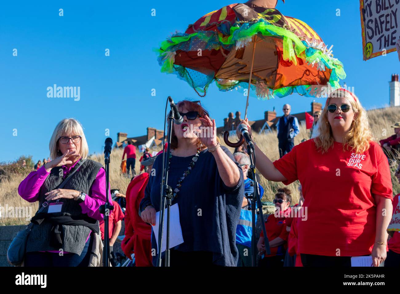 Whitstable Pearl author Julie Wassmer speaks at a protest against Southern Water's practices of discharging sewage in October 2022. Stock Photo