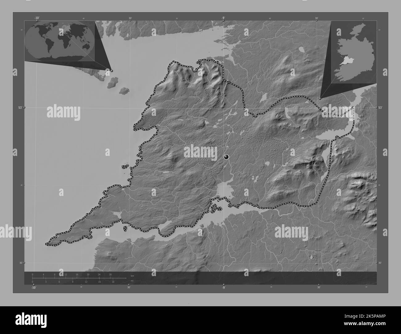 Clare, county of Ireland. Bilevel elevation map with lakes and rivers. Corner auxiliary location