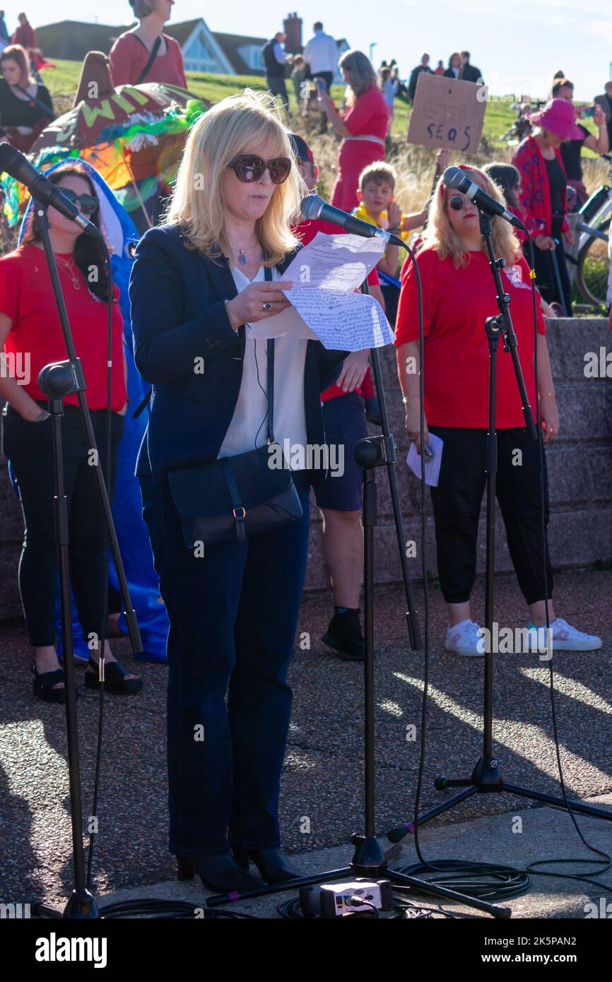Labour MP Rosie Duffield is seen speaking at a Southern Water protest at Tankerton Beach near Whitstable, Kent in October 2022. Stock Photo