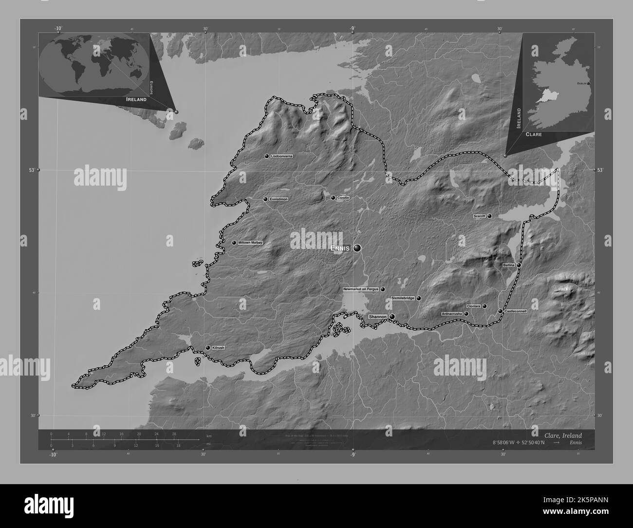 Clare, county of Ireland. Bilevel elevation map with lakes and rivers