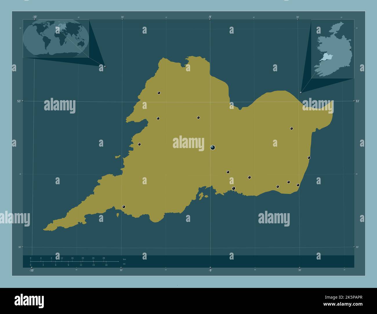 Clare, county of Ireland. Solid color shape. Locations of major cities