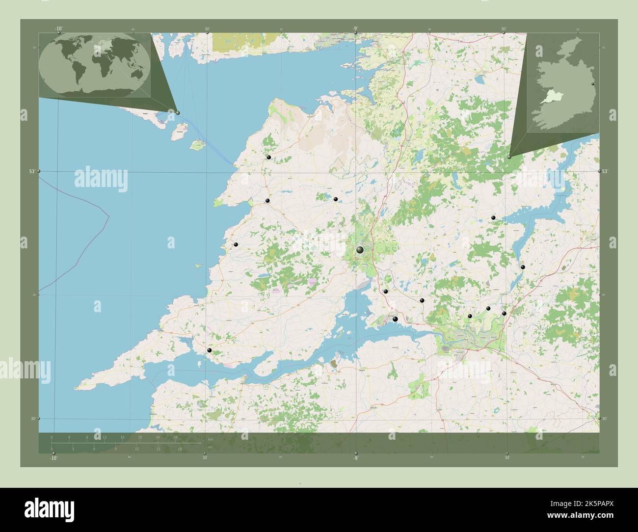 Clare, county of Ireland. Open Street Map. Locations of major cities of the region. Corner