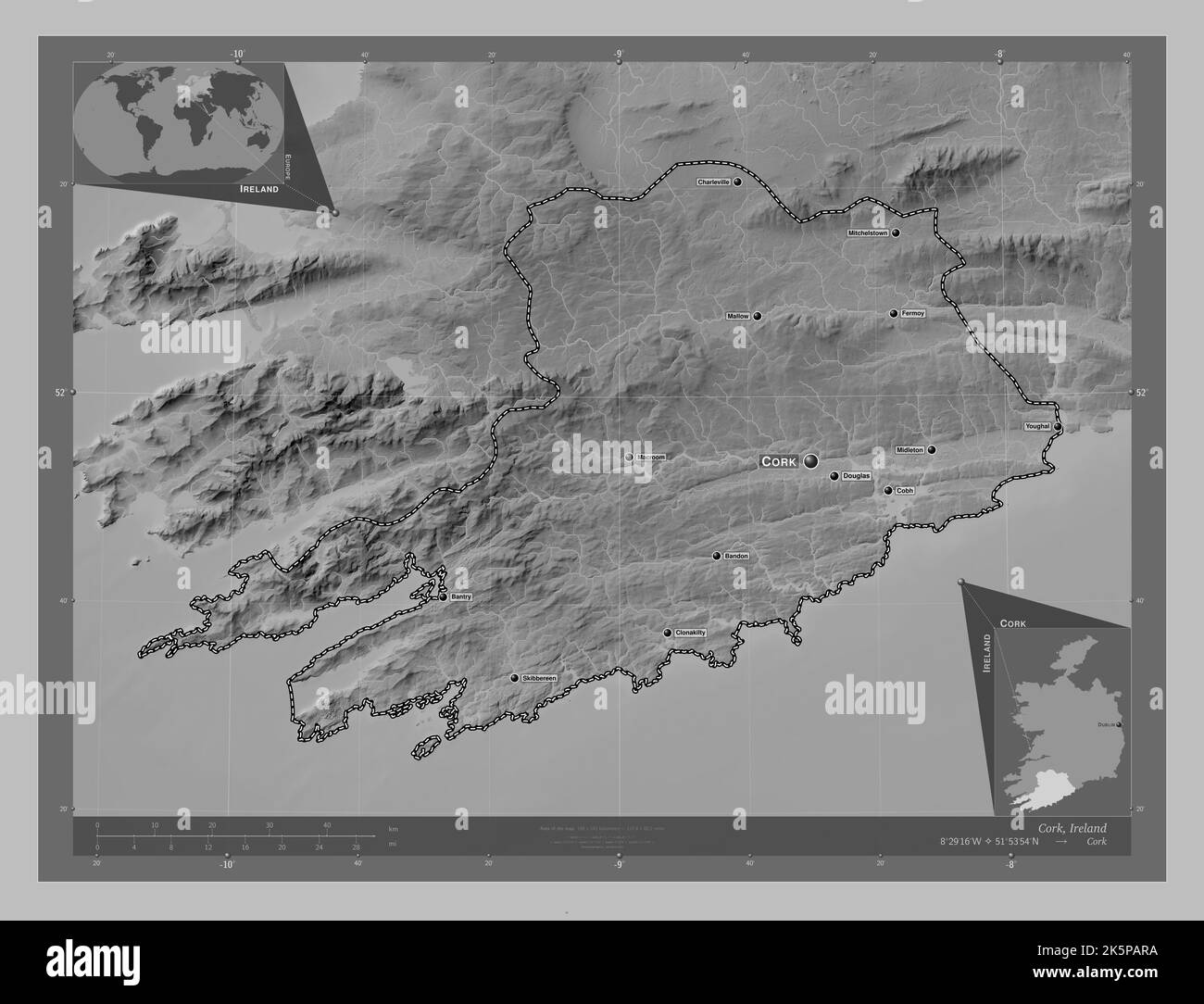 Cork, county of Ireland. Grayscale elevation map with lakes and rivers