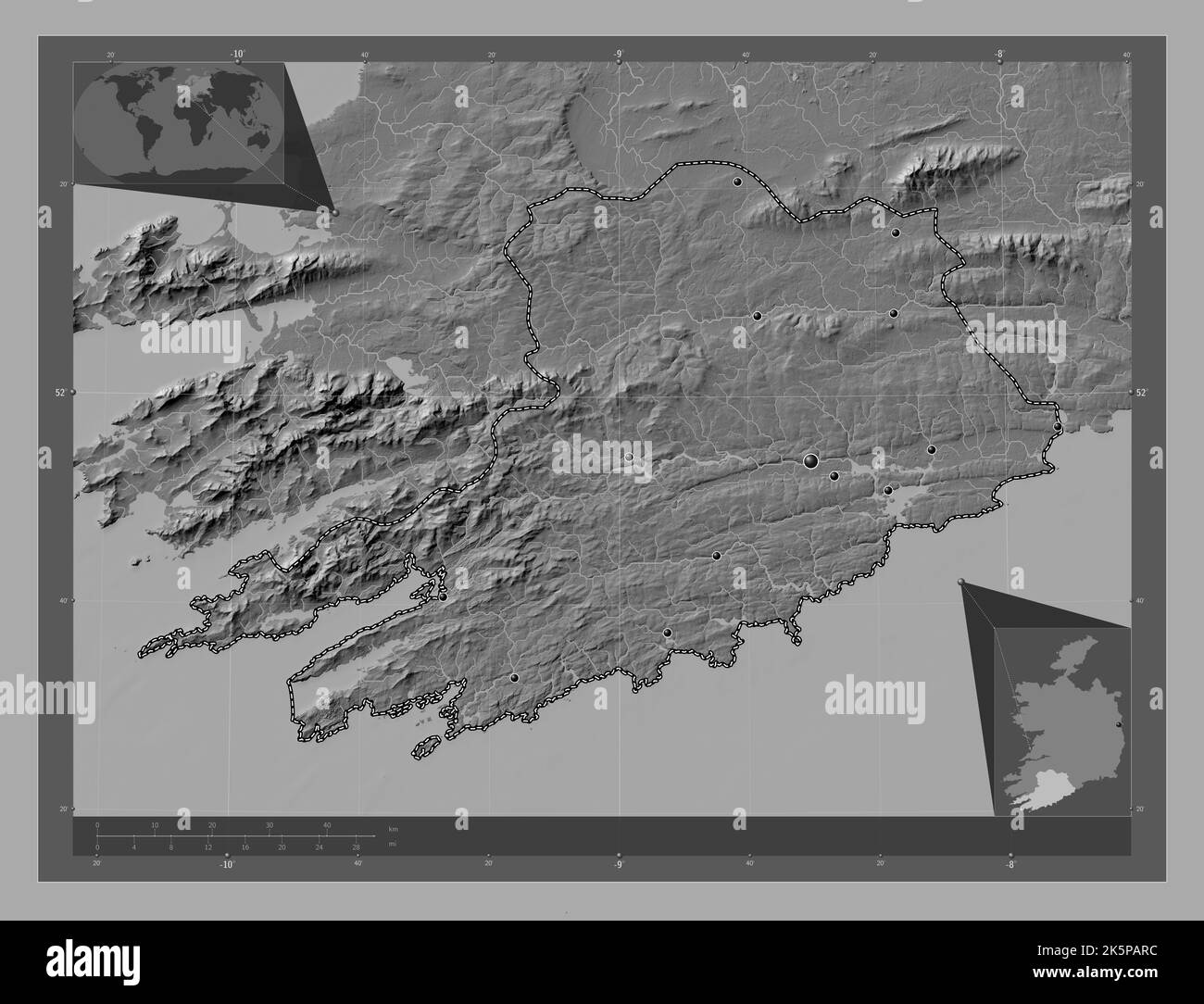 Cork, county of Ireland. Bilevel elevation map with lakes and rivers