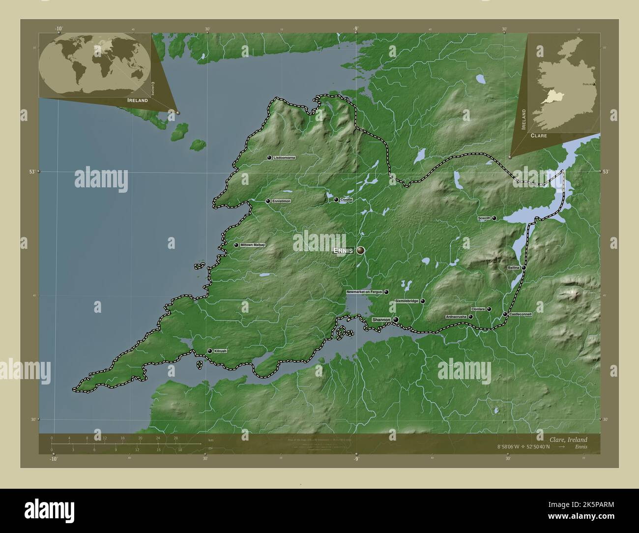 Clare, county of Ireland. Elevation map colored in wiki style with