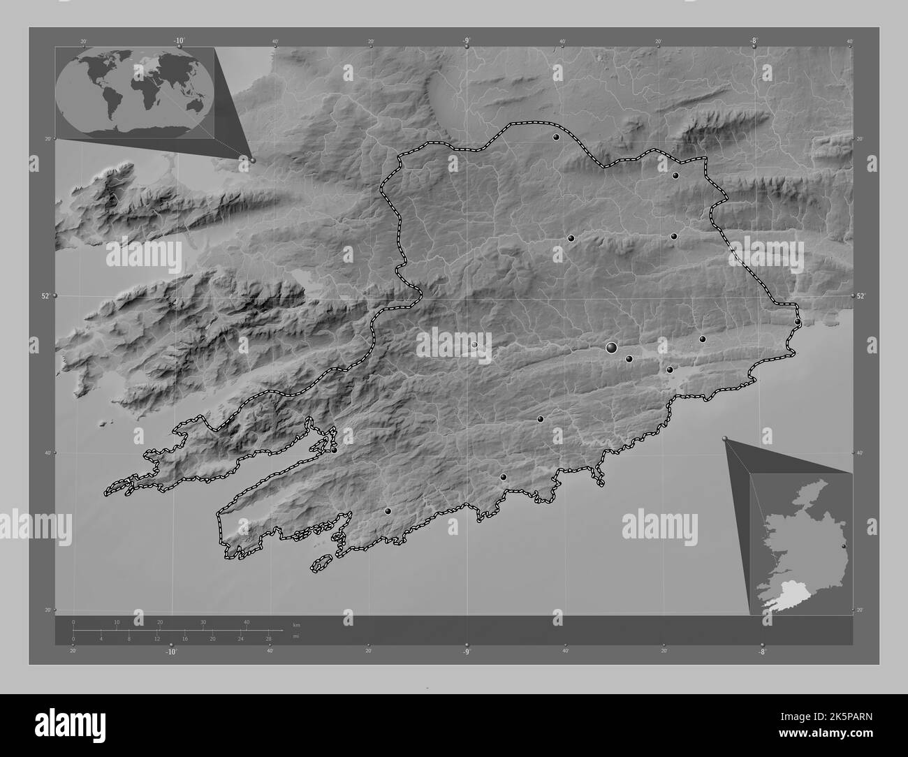 Cork, county of Ireland. Grayscale elevation map with lakes and rivers