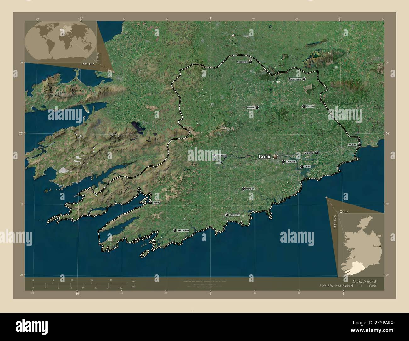 Cork, county of Ireland. High resolution satellite map. Locations and