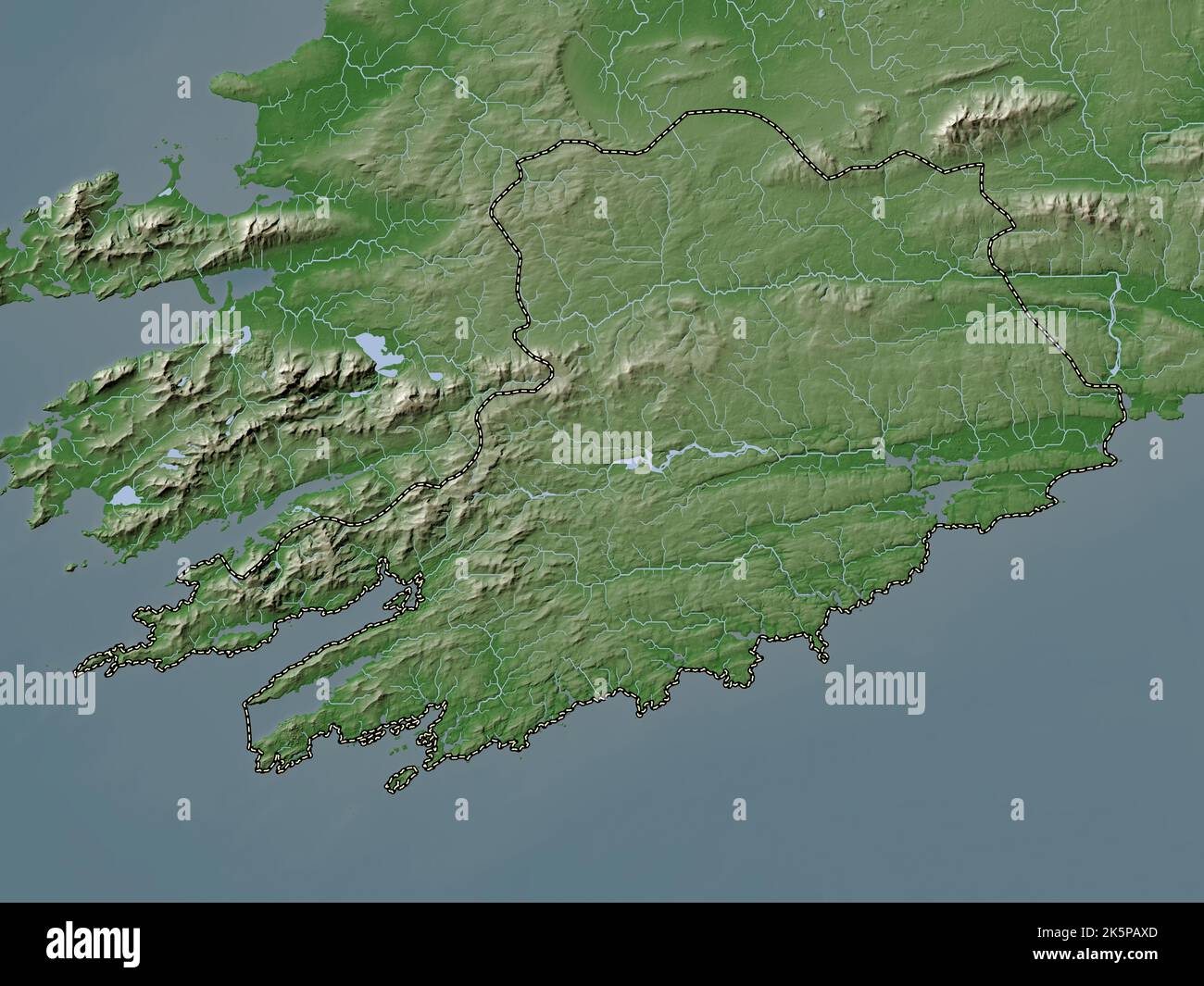 Cork, county of Ireland. Elevation map colored in wiki style with lakes
