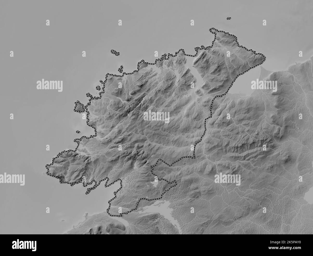 Donegal, county of Ireland. Grayscale elevation map with lakes and rivers Stock Photo