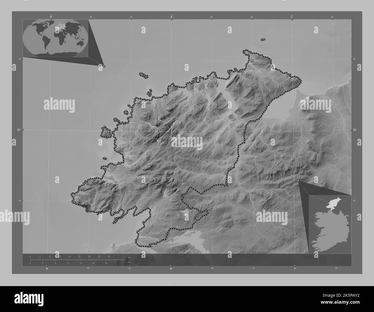 Donegal, county of Ireland. Grayscale elevation map with lakes and rivers. Corner auxiliary location maps Stock Photo
