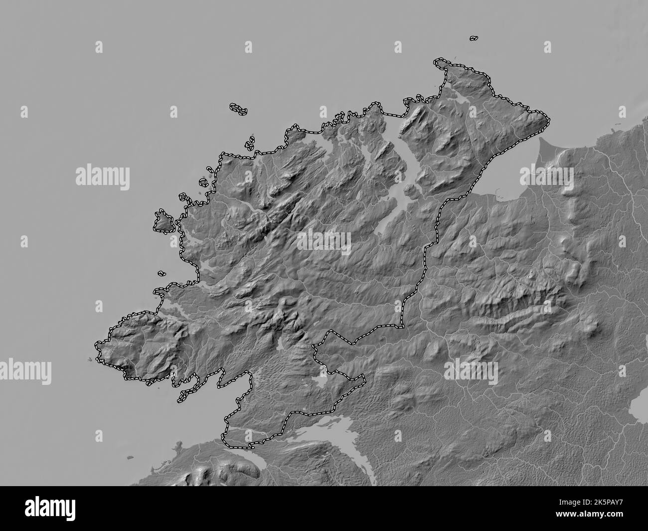 Donegal, county of Ireland. Bilevel elevation map with lakes and rivers Stock Photo