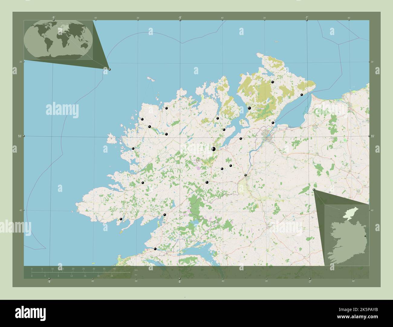 Donegal, county of Ireland. Open Street Map. Locations of major cities of the region. Corner auxiliary location maps Stock Photo