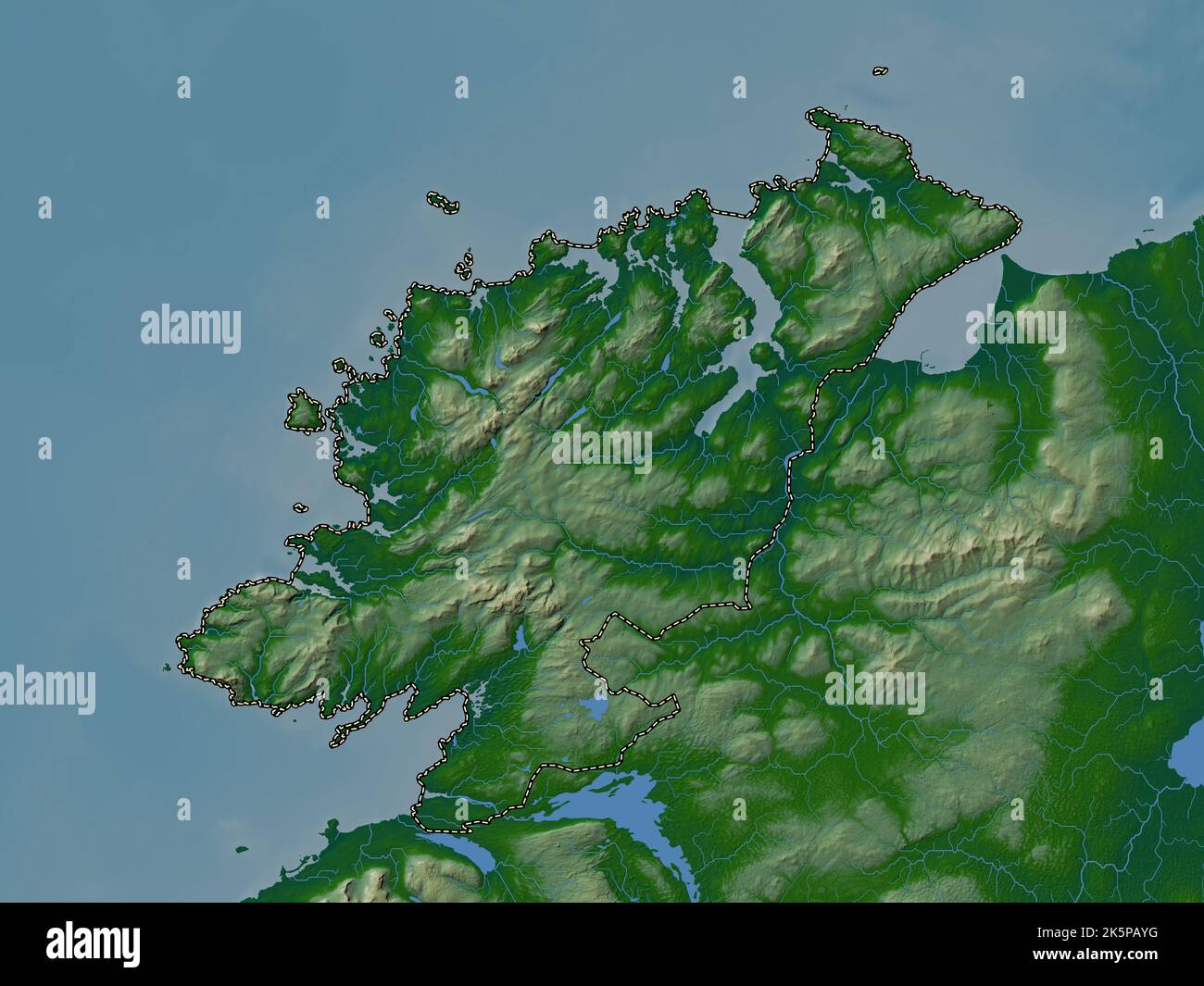 Donegal, county of Ireland. Colored elevation map with lakes and rivers Stock Photo