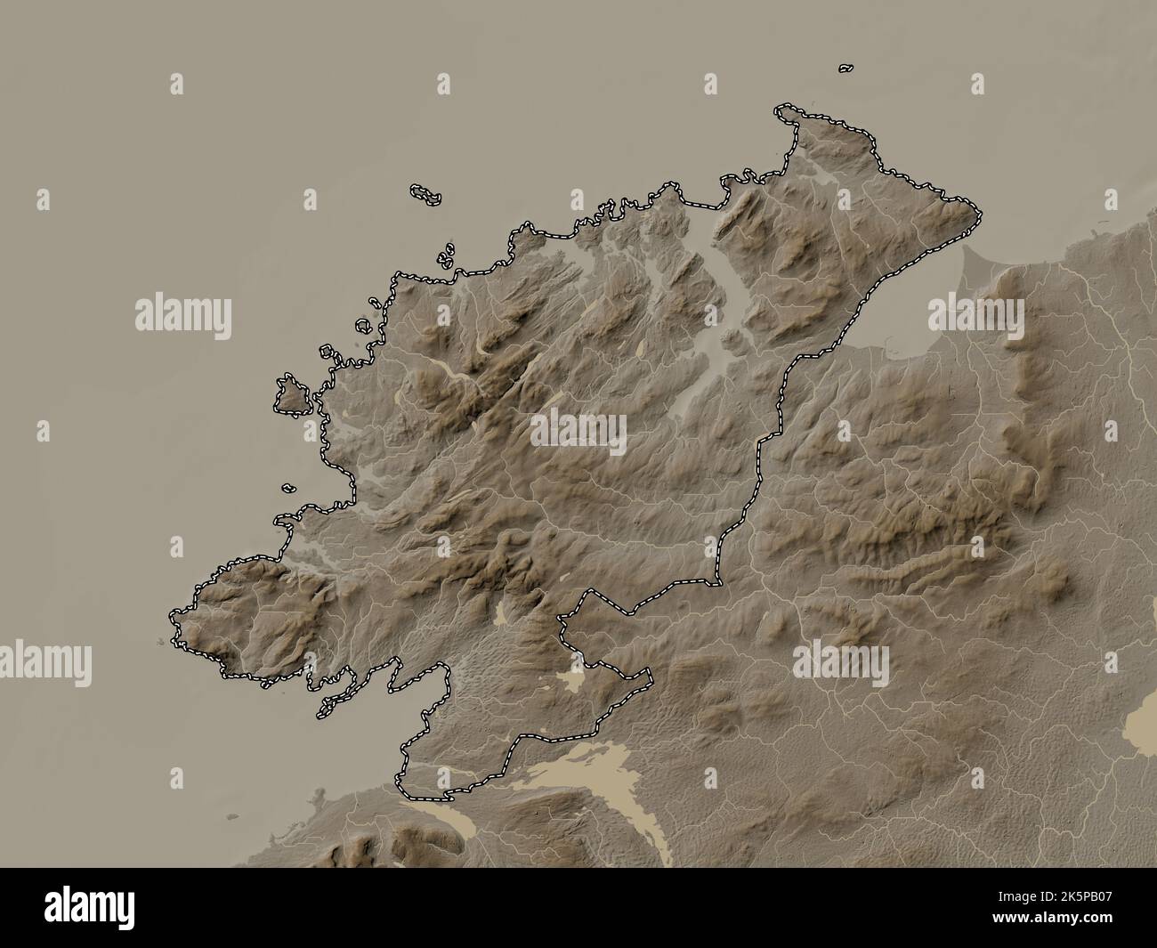 Donegal, county of Ireland. Elevation map colored in sepia tones with lakes and rivers Stock Photo