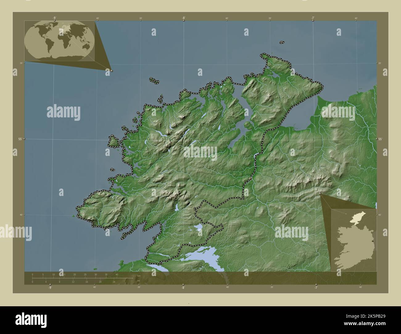 Donegal, county of Ireland. Elevation map colored in wiki style with lakes and rivers. Corner auxiliary location maps Stock Photo
