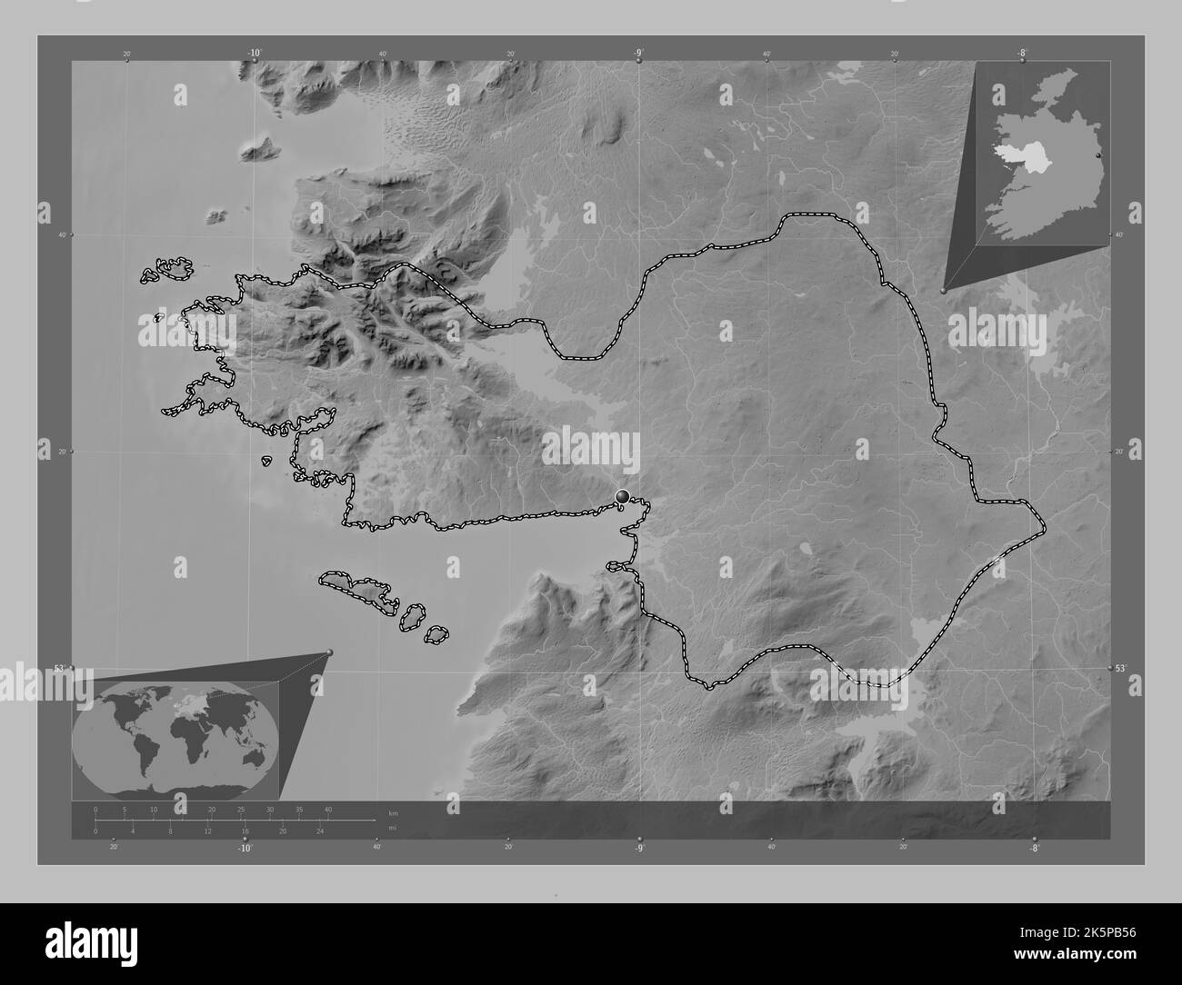 Galway, county of Ireland. Grayscale elevation map with lakes and